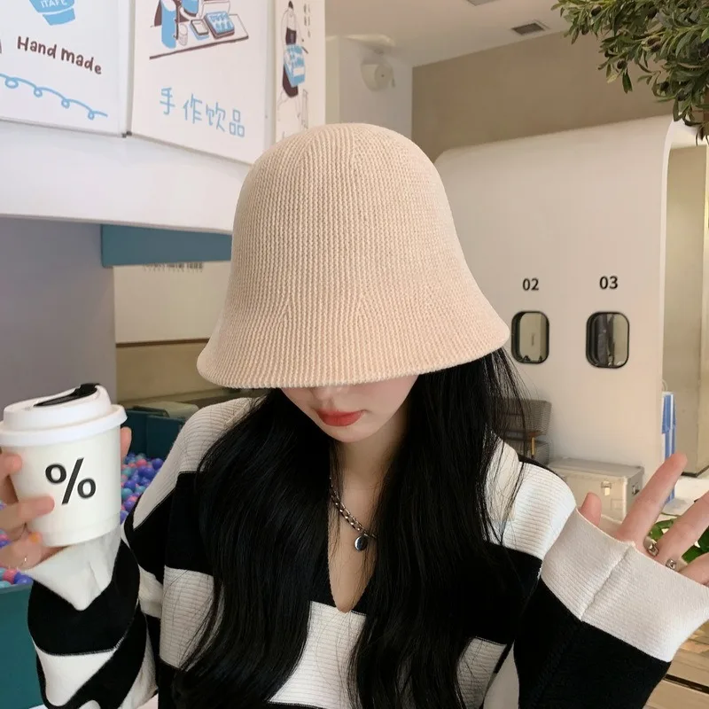 Knitted Bucket Fisherman Cap Solid Color Thicken Warm Cotton Panama Caps Fashion Autumn Winter Women Girls Foldable Bucket Hats