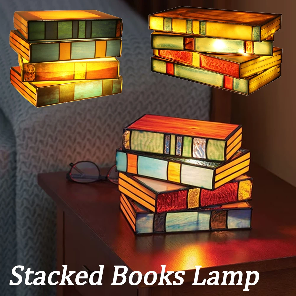 Stacked Books Lamp Handcrafted Nightstand Desk Book Lamp Vintage Reading Book Table Desk Reading Light for Home Bedroom Decor