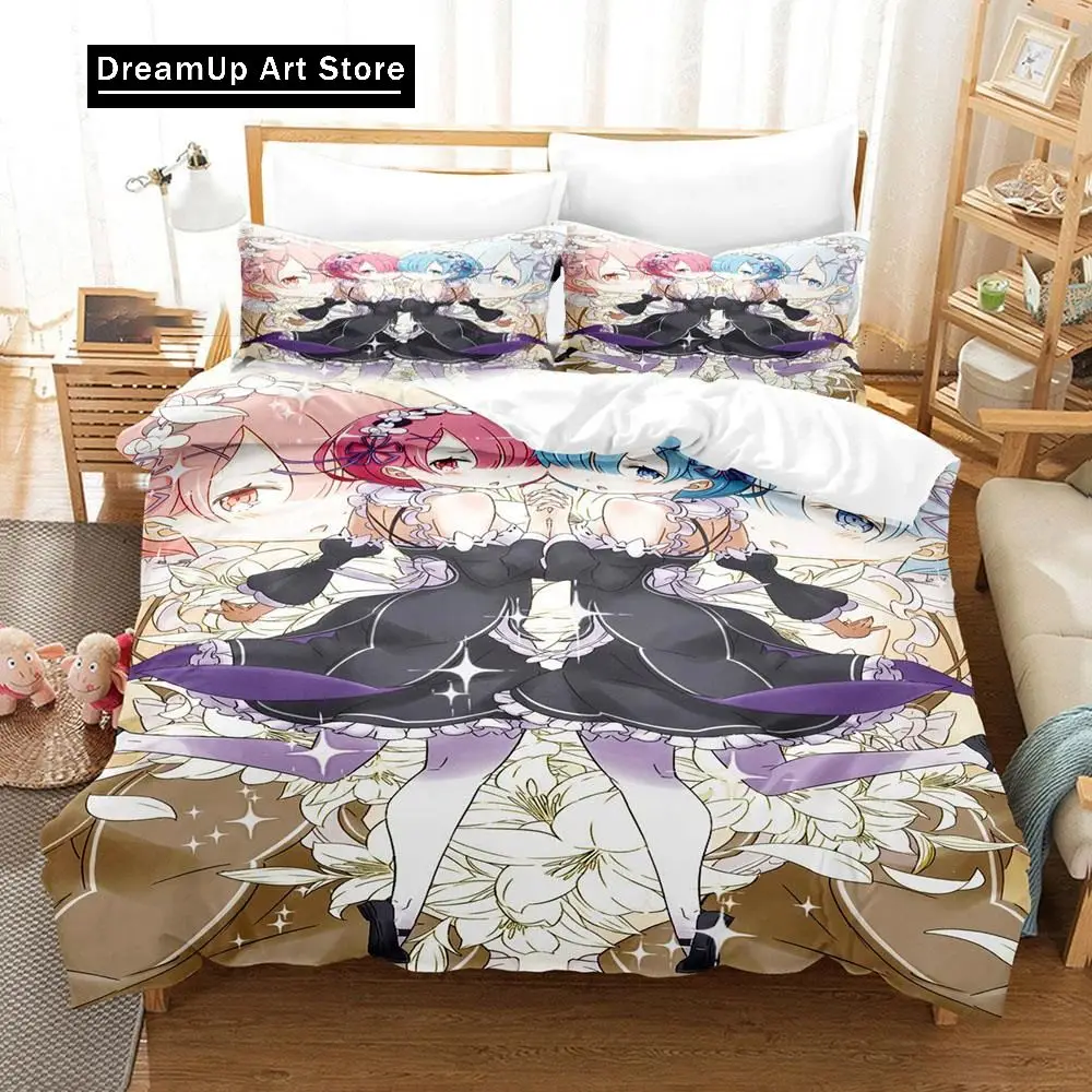 3D Print Anime Re Zero Rem Ram Emilia Bedding Set Boys Girls Twin Queen Size Duvet Cover Pillowcase Bed Kids Adult