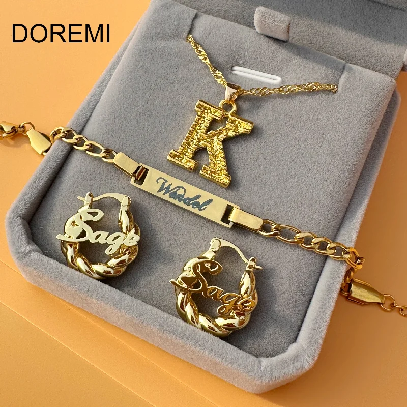 DOREMI Name Jewelry Set Box Earring Personalized Initial Letter Necklace Customized Name Engrave Bracelet Custom Jewelry Set