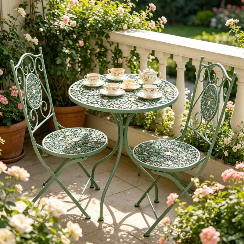 American Country Rustic Iron Table & Chair Set, Indoor Outdoor Decor for Balcony Patio Villa Terrace