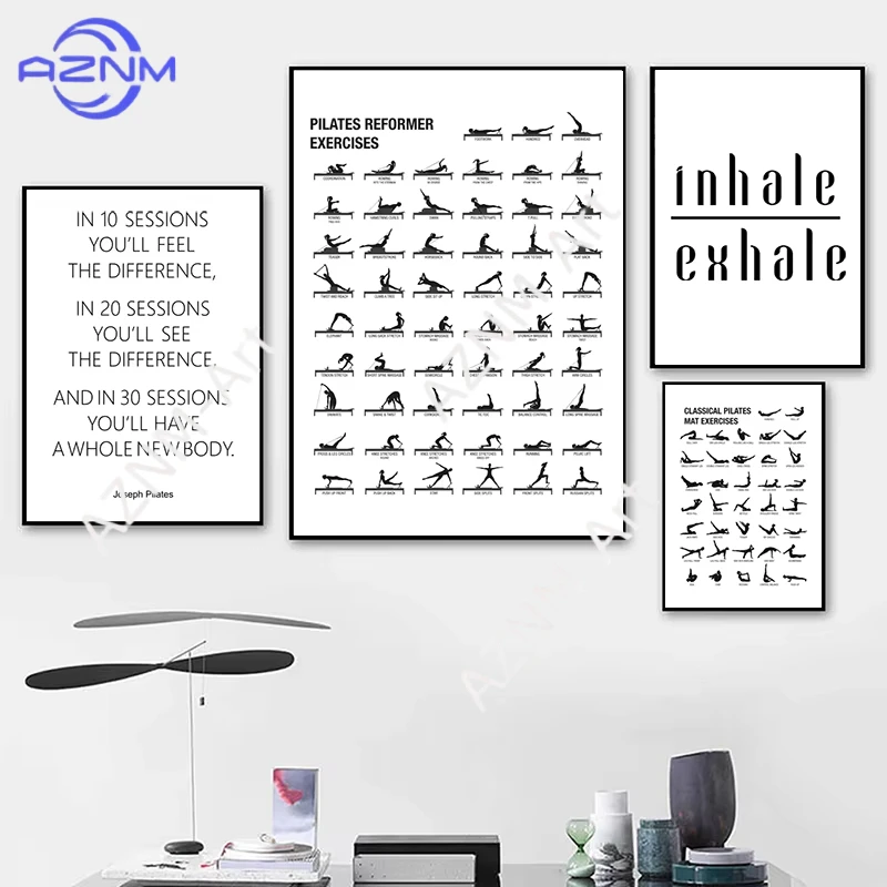 1PC ，Pilates Workout Chart Poster Canvas Prints Yoga Room Wall Decor , Pilates Gift BodyBuilding Guide Fitness Gym Painting