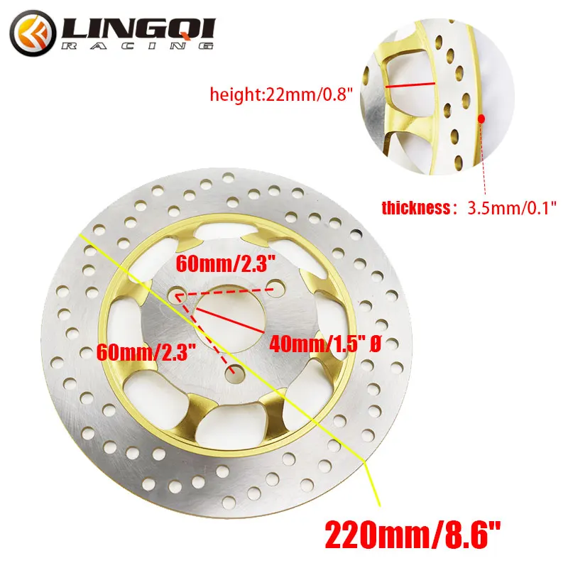 LING QI Pit motor Trail aluminium, Rotor cakram rem depan belakang 220mm 3 lubang piringan Universal untuk suku cadang sepeda motor skuter