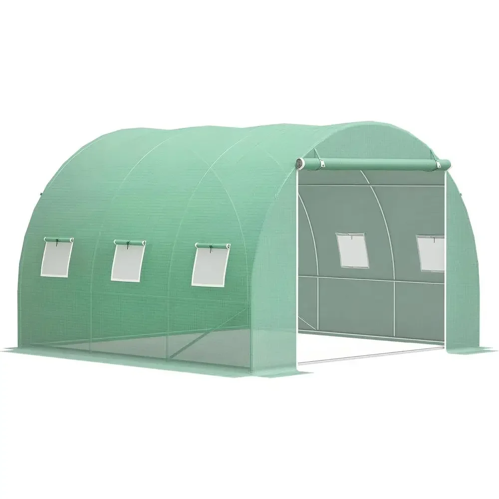10' x 10' x 6.5' Walk-In Tunnel Greenhouse with PE Cover, Steel Frame, Roll-Up Door and Windows for Vegetables and Tropical Plan