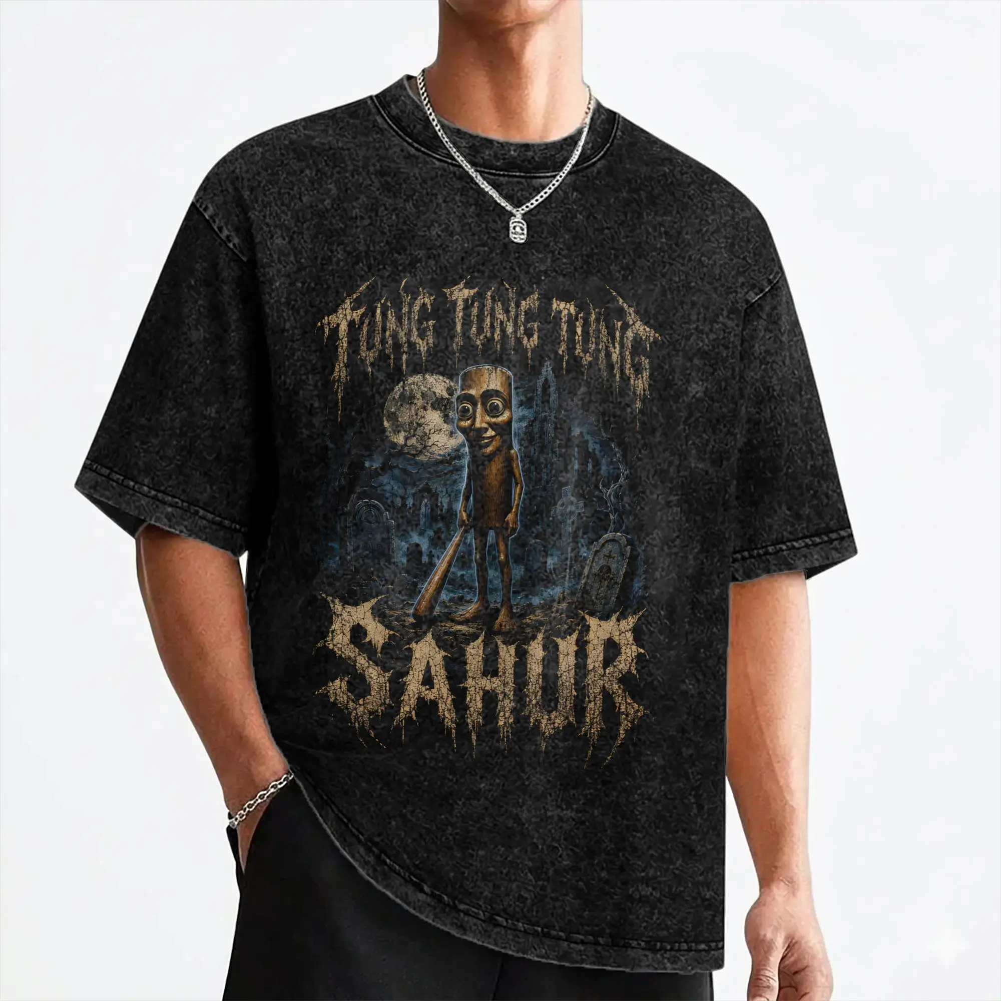 Tung Tung Tung Sahur Dark Gothic Meme Scene T Shirt Hip Hop Washed  Harajuku T-Shirts Vintage for Men Tops Streetwear Summer Tee
