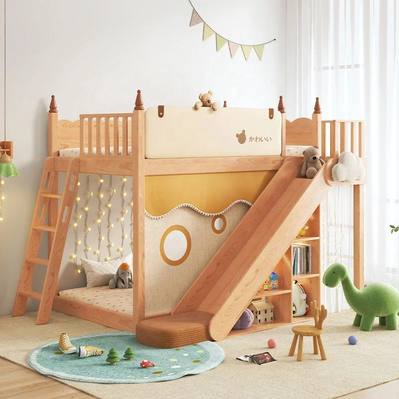 wholesale storage double kids bedroom furniture wooden bunk bed with slide