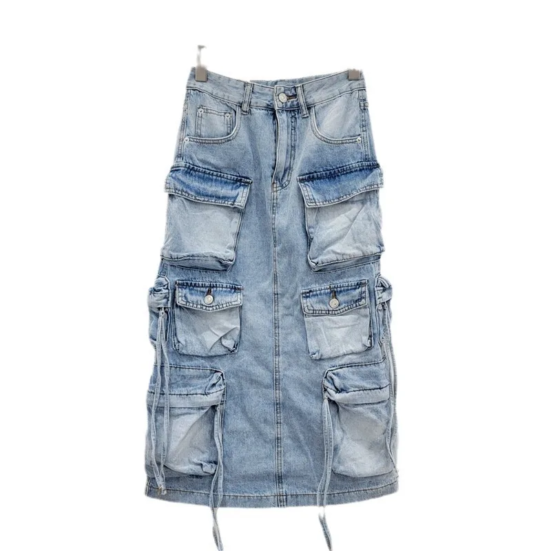 Damska spódnica robocza z denimu, z wysokim stanem, o prostym kroju, w stylu vintage, z wieloma kieszeniami, z rozcięciem z tyłu, codzienna, letnia, modna spódnica jeansowa dla kobiet.