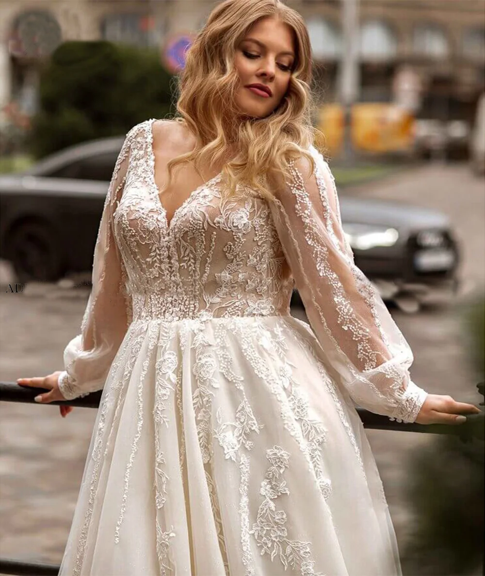 Elegante plus size vestido de casamento 2023 para mulher a linha tule rendas miçangas apliques manga longa vestido de noiva luxo robe de mariee