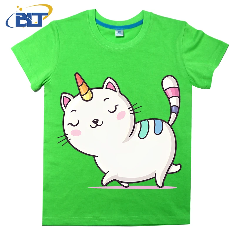 Camiseta con estampado de unicornio y gato para niños, tops informales de manga corta de algodón para niños y niñas, Verano