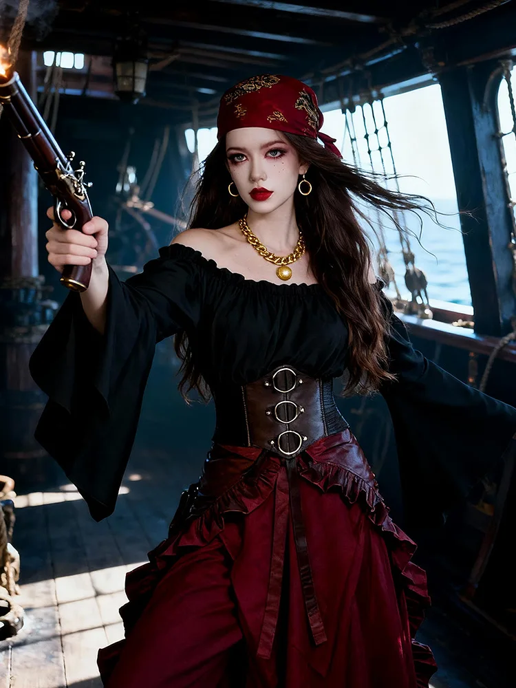 《Mittelalterliche Retro-Piratenbluse für Damen – Cosplay-Kostüm für Halloween-Piraten-Rollenspiele》