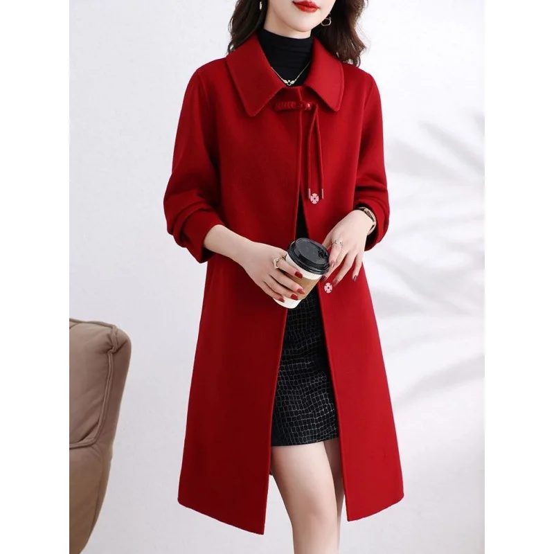 The new women's double-sided woolen cashmere coat is purely hand-sewn medium and long trench coat wool foreign high-end coat