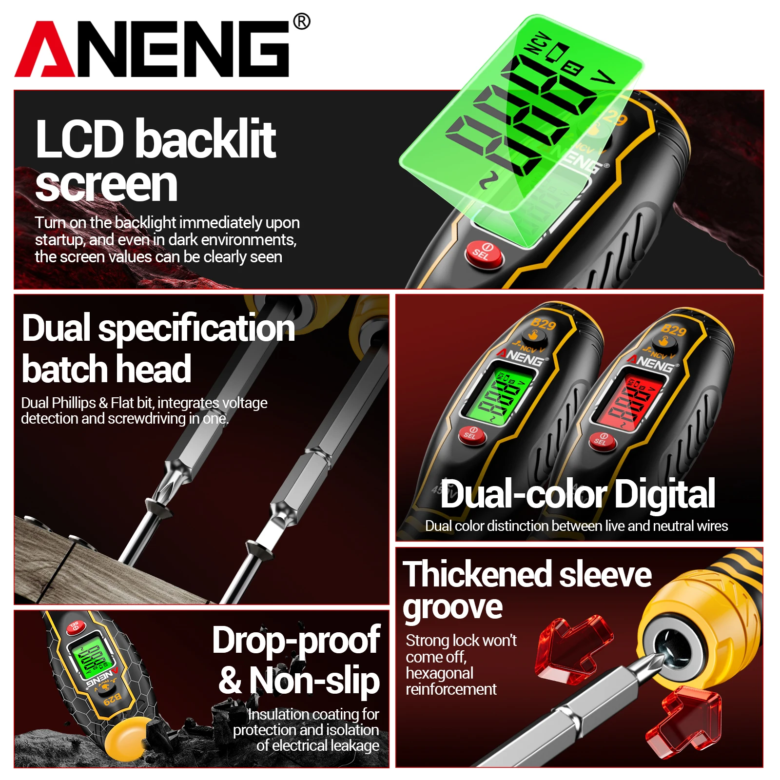 Voltage Tester Electric Test Pen NCV Screwdriver ANENG B29 30-1000V AC Detector Dual Backlight Buzzer Auto Off Insulated Tester