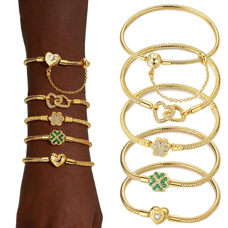 

Fit Charm DIY Women's Jewelry Gift 925 Sterling Silver Gold Color Exquisite Four-leaf Clover Heart Lock Safety Chain Bracelet