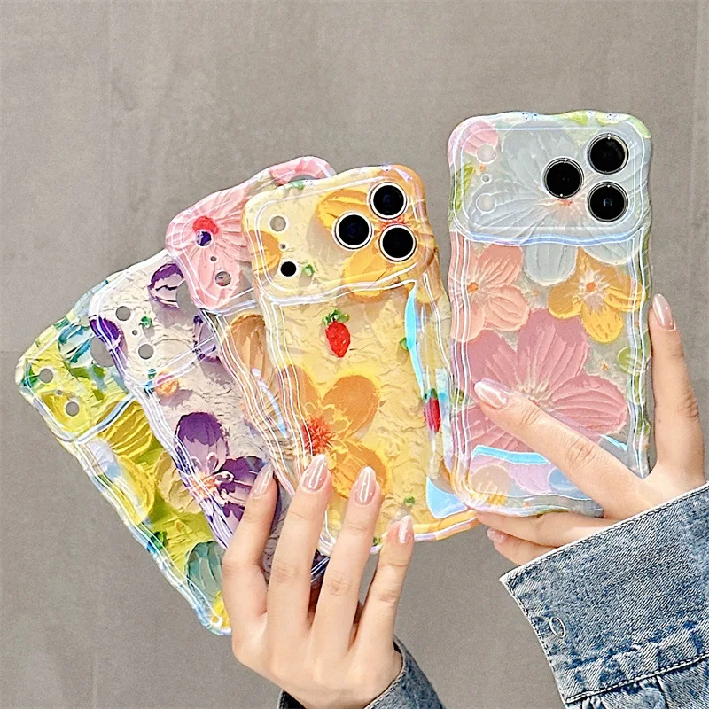 Mode Ölgemälde Blumen Wellenförmige Telefon Fall Für iPhone 17 Air 16 15 14 13 12 11 Pro max 16 Plus Stoßfest Schutzhülle Soft Cover