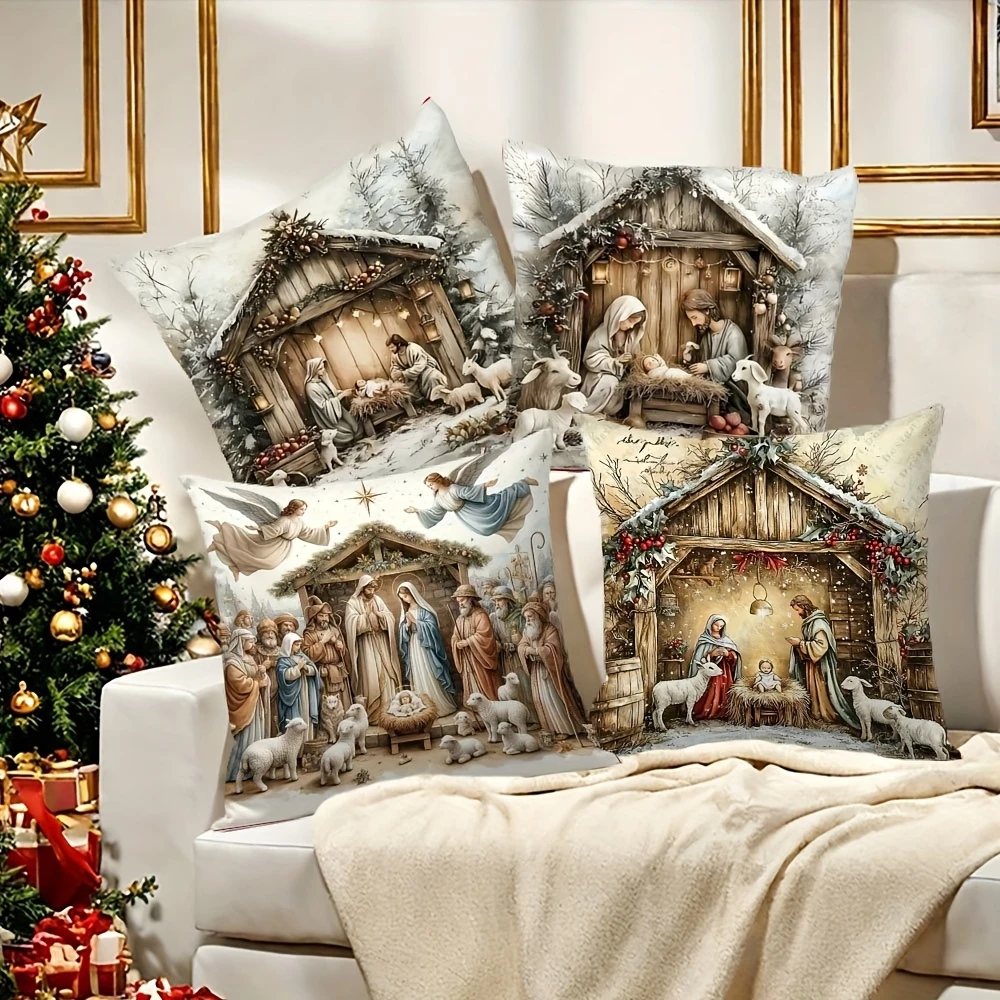 4PCS Christmas Nativity Scene Print Pillow Covers Jesus Manger Angel Holiday Decorative Throw Pillow Sofa Couch Home Decor