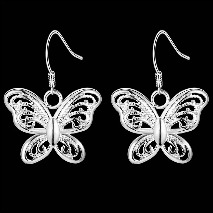 

925 sterling silver for foreign trade, European and American silver plated jewelry, butterfly retro hollow fashion jewelry, earr