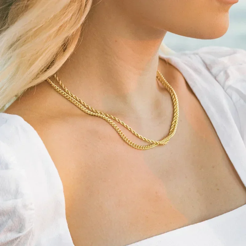 Classic Stainless Steel gold color chain for women necklace flat snake Miami curb twist rope basic style for layered women neck