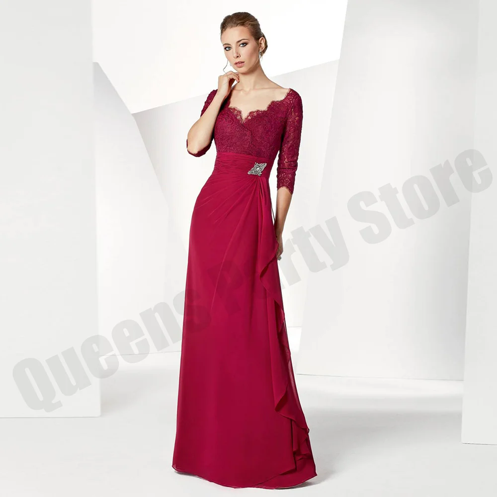 

Chiffon Mother of The Bride Dress Elegant 3/4 Sleeves V Neck Lace Floor Length A Line Wedding Guest Gown Occasion Dresses