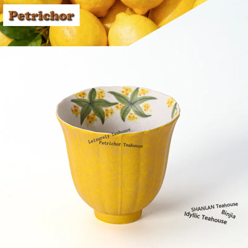 

65ml Hand-painted Osmanthus Lemon Yellow Teacup Vintage Tea Bowl Cute Cup Tea-tasting Meditation Cup Chazhan Master Cups Cafes