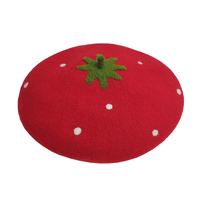 Kids Women Red Strawberry Handmade Wool Felt Cute Painter Hat Gift Warm Cap Family handcraft Beret Cap