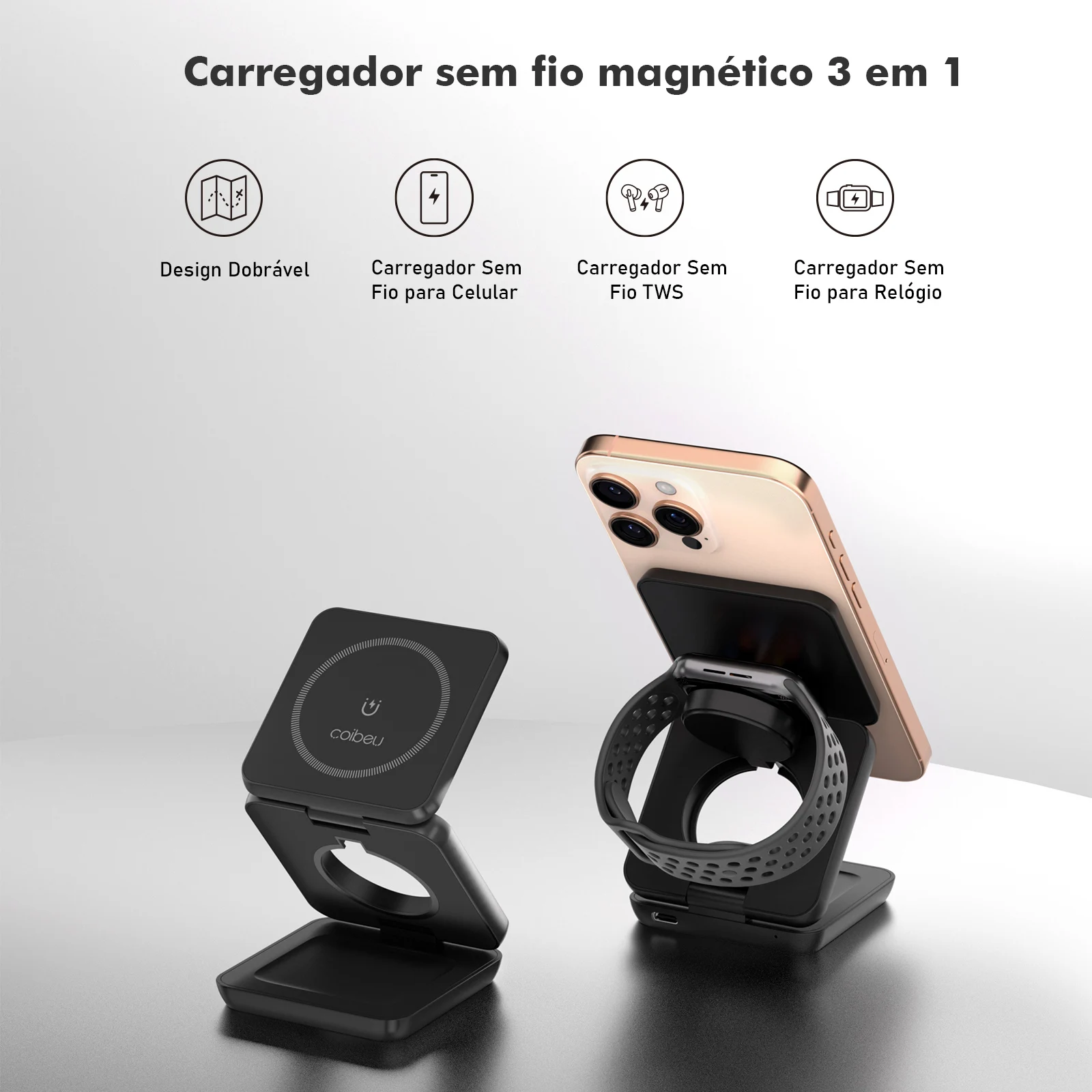 Carregador Sem Fio Magnético 3 em 1 Dobrável 25W, Estação Portátil com MagSafe para iPhone Apple Watch AirPods, carregador portá