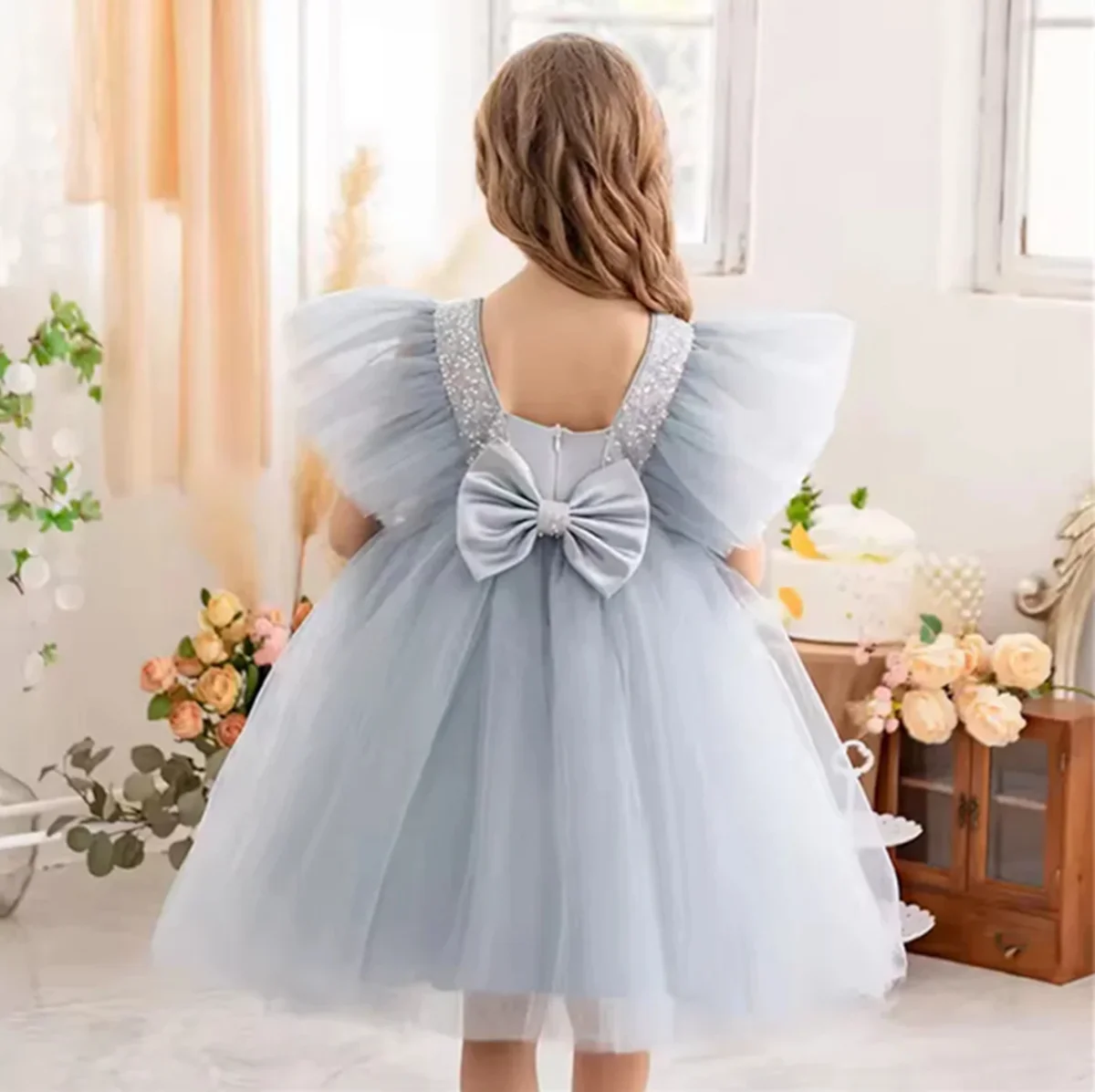 Customized Puffy Flower Girl Dresses For Wedding Knee Length With Bow Simple Princess Birthday Party First Communion Ball Gown