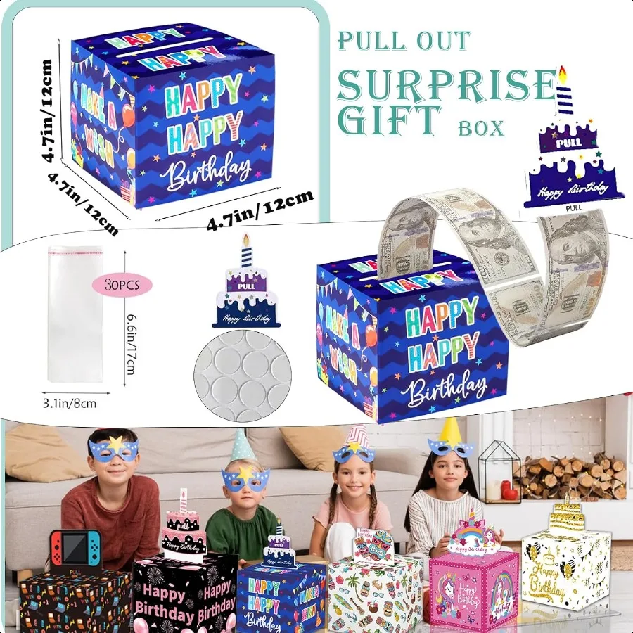 Birthday Money Box for Cash Gift Pull Surprise Money Roll Gift Box with Pull Out Card and 30 Transparent Bags DIY Set Funny Way