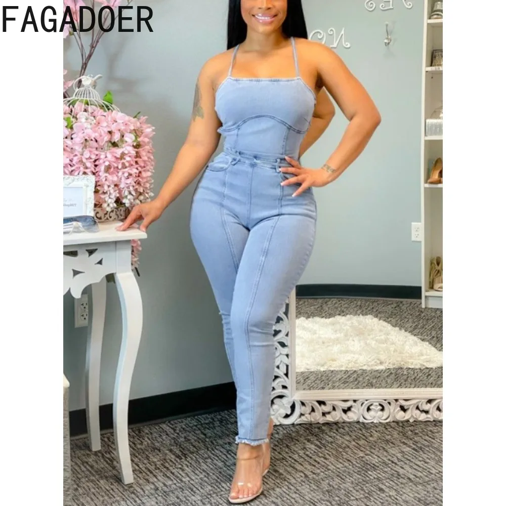 FAGADOER Light Blue Fashion Denim Bodycon Suspenders Jumpsuits Women Strap Bandage Backless Slim Playsuit Female Cowboy Overalls