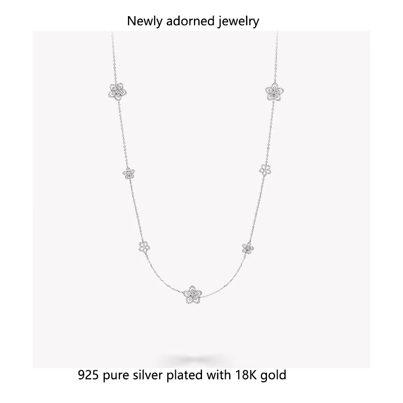 

S925 Silver Moissanite-Inlaid Flower Long Sweater Chain | Niche Luxury Multi-Flower Necklace