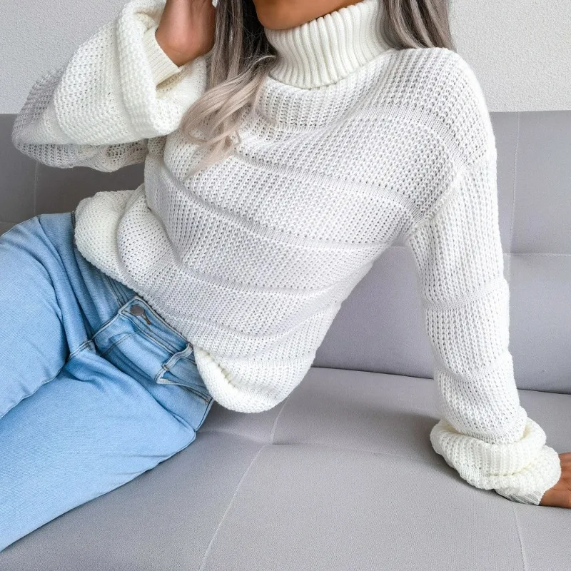 

High Neck Solid Color Sweater Pullover for Women Fashion Casual Long Sleeves Knitted Sweaters Autumn Winter Hollow-out Jumpers