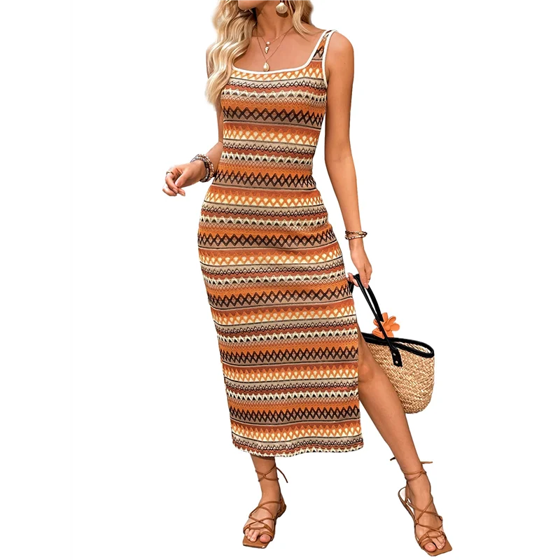 ASDS-Womens 2025 فساتين الصيف رقبة مربعة بدون أكمام تانك مخطط بوهو فستان الشمس فساتين عطلة الشاطئ