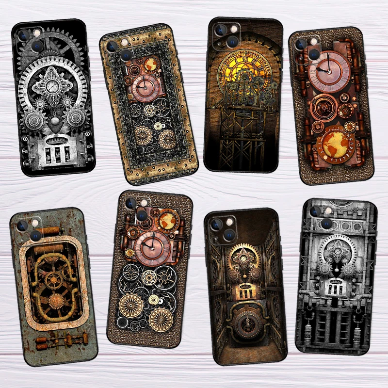 Steampunk Gears Vintage Time Machine Phone Case For iPhone 16 12 15 14 11 Pro Max XS X XR Plus Case For iPhone 16 13 Pro Max