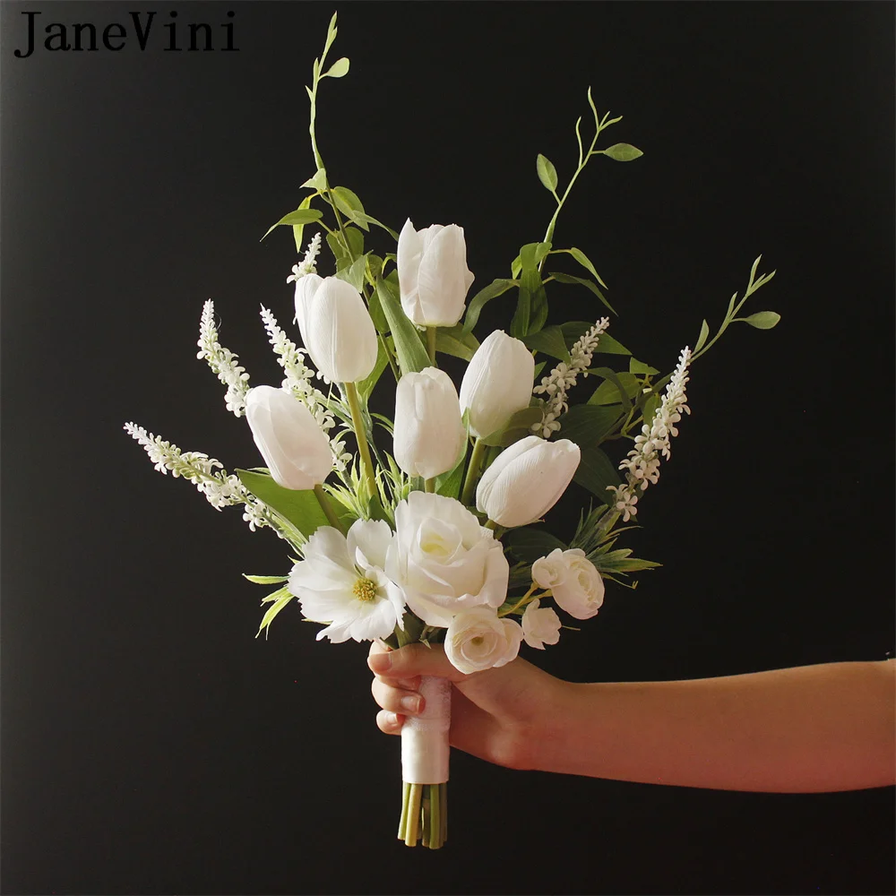 JaneVini สีขาวประดิษฐ์ Tulip ช่อดอกไม้งานแต่งเจ้าสาวผ้าไหมดอกไม้ชายหาด Buket Pengantin Flores Pequeño De Novia