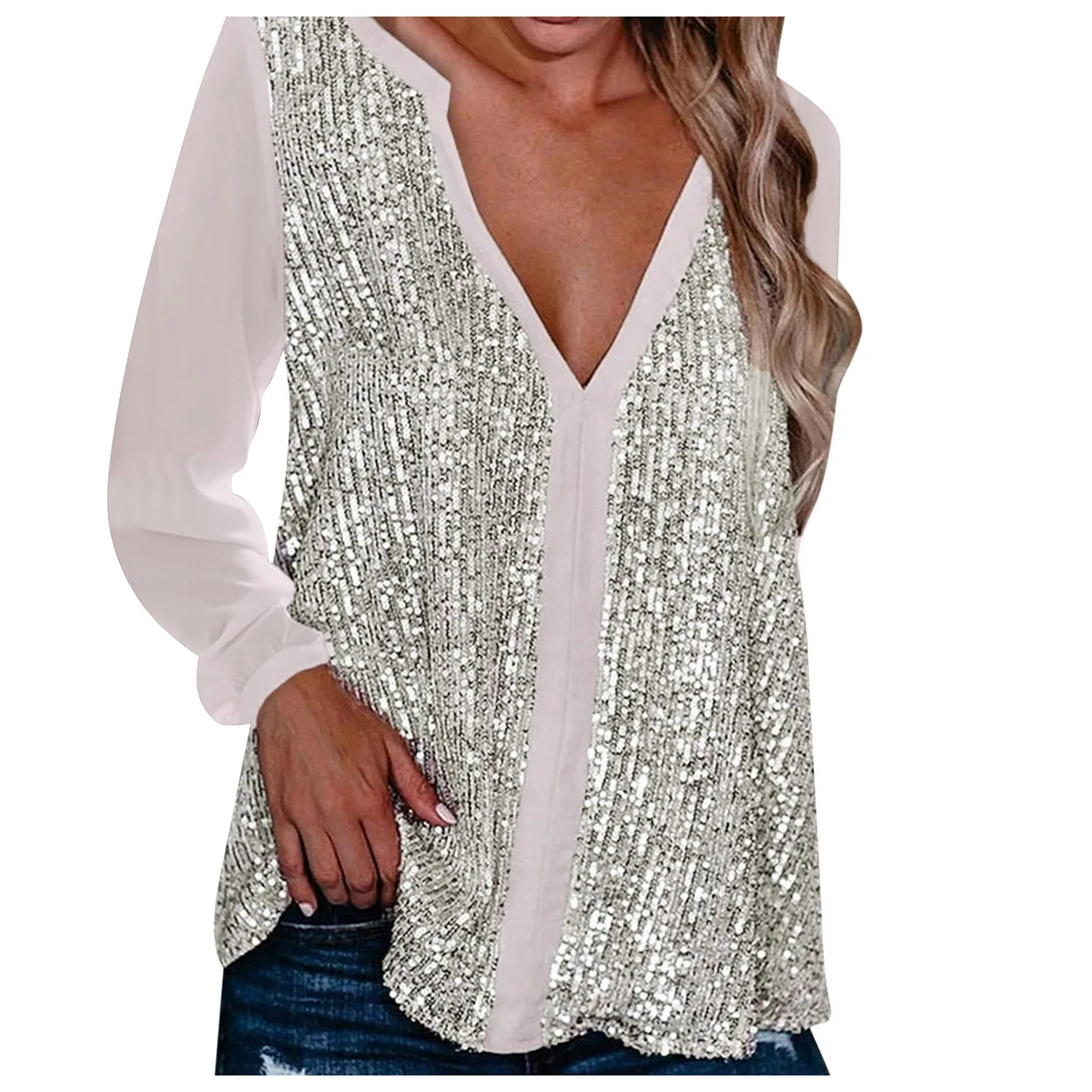 T-Shirt Sequins Loose Female Women Long Sleeve Oversize Blouse Sparkling  V Neck Femme Tees Ladies Shirts Silver Gold Carnival