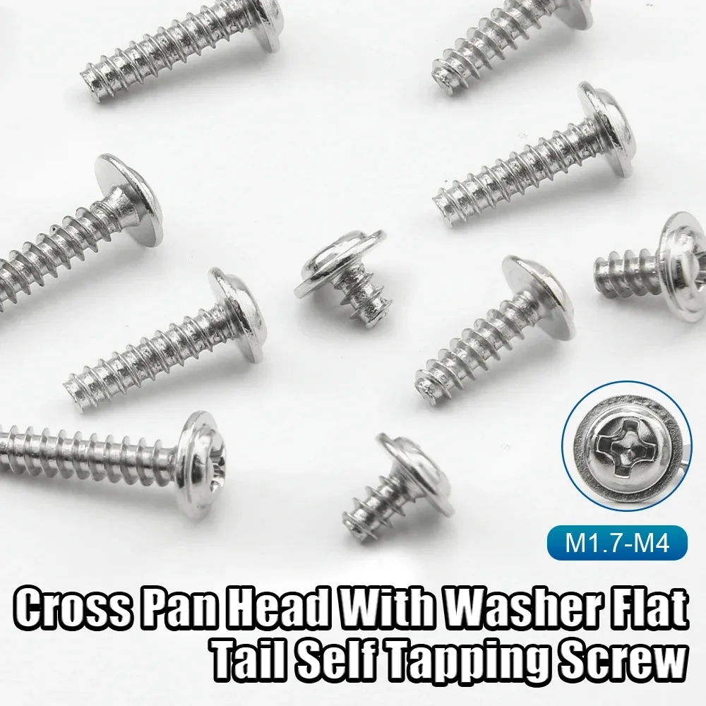 NINDEJIN 40-100pcs Phillips Screw PWB Round Head With Washer Self- tapping Screw Nickel Plated PWB Screw M1.7 M2 M2.3 M2.6 M3 M4