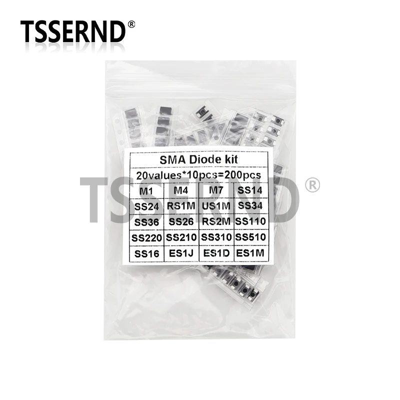 200pcs/lot SMD Diode Assorted Kit M1 M4 M7 SS14 SS24 SS34 SS210 SS510 RS1M US1M ES1M 20ValuesX10pcs Electronics SMA Diodes Set