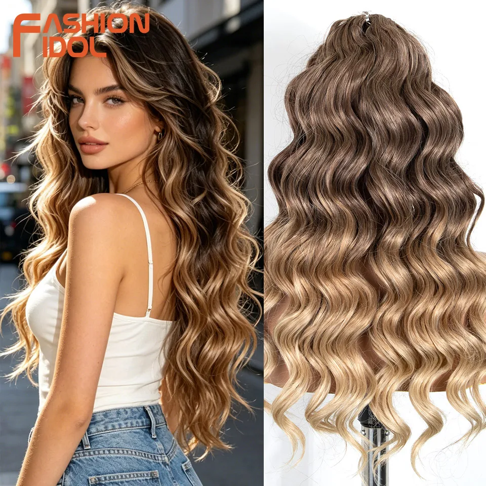 FASHION IDOL 24 Zoll 300g/3 Stück Vorgeformte Loose Body Wave Häkelhaare Synthetische Ocean Wave Häkelzöpfe Braune Wellige Zöpfe