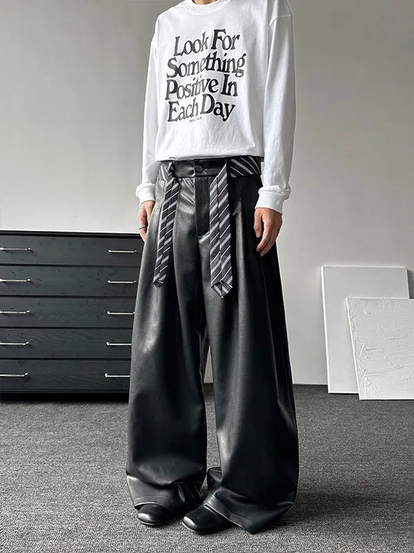 

Spring 2026 Men's PU Leather Pants Wide Leg Trousers Suit Pants Belted Straight Loose Floor-Length Pants Casual Youth Sle