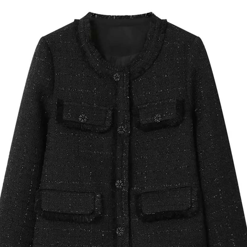 Black tweed small fragrant coat for women's autumn and winter 2023 new French round neck rough edge short temperament top