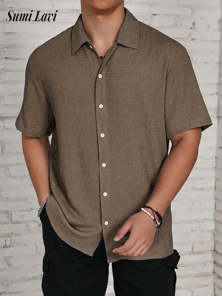 

Fashion Solid Color Textured Shirt Tops Men Vintage Turn-down Collar Button-up Shirts Mens Summer New Casual Short Sleeve Shirt