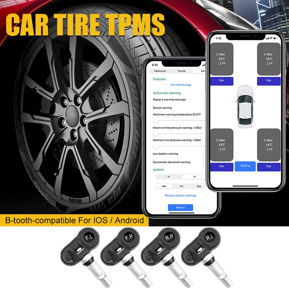 Tire Pressure Sensors Bluetooth-Compatible TPMS Tire Pressure Monitoring System Internal sensors Anti theft  for Android/IOS Car