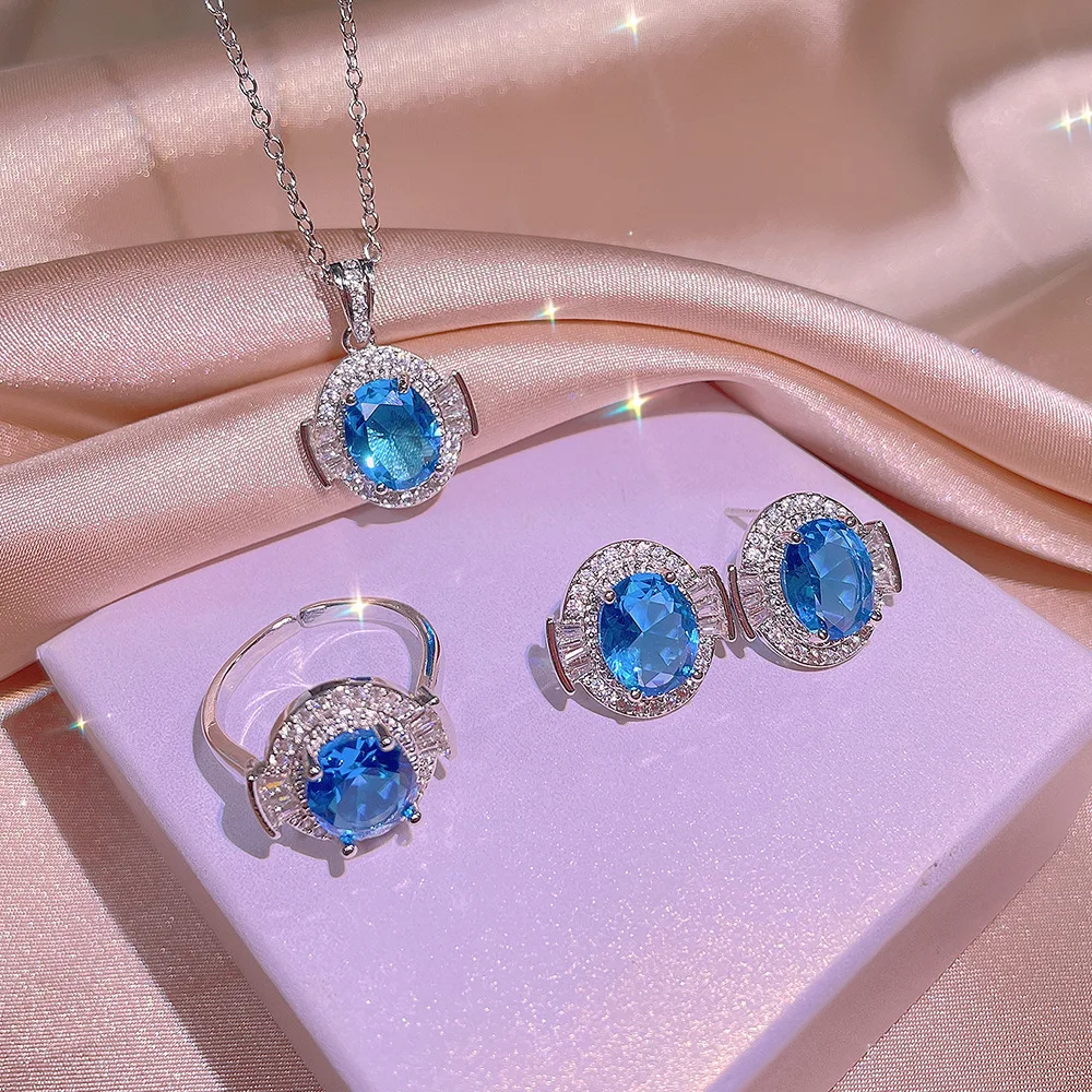 925 Silver High Quality Light Blue Zircon Ring Earring Necklace Three-Pcs Set For Ladies Wedding Party Birthday Jewelry Gift