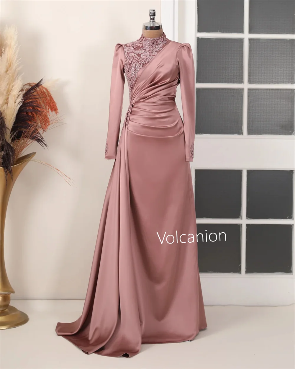 Customized Charmeuse Beading Pleat A-line High Collar Long Dresses Bespoke Occasion Elegant Retro Chinese Style