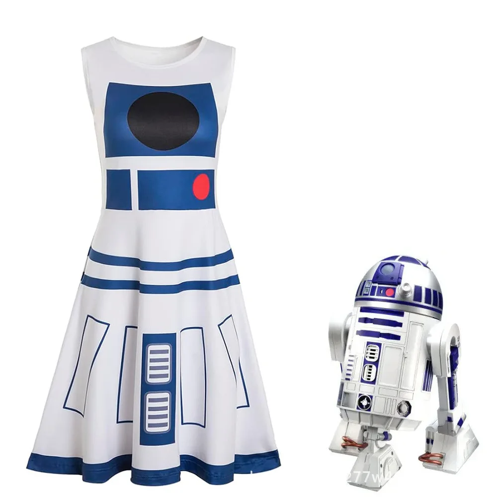 Costume de fête de mascarade d'halloween pour femmes adultes, Costume de Cosplay Robot SW R2-D2, robe gilet sans manches à col ras du cou 3D