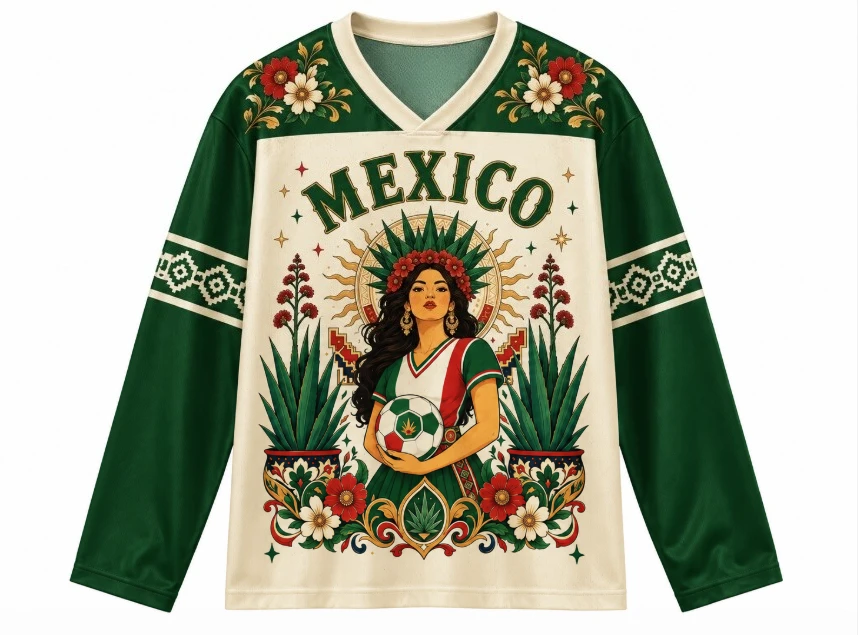Mexico Football Long Sleeve Jersey For Men Women Vintage Mexican Senorita Floral Agave Graphic V Neck Sweatshirt Streetwear Top