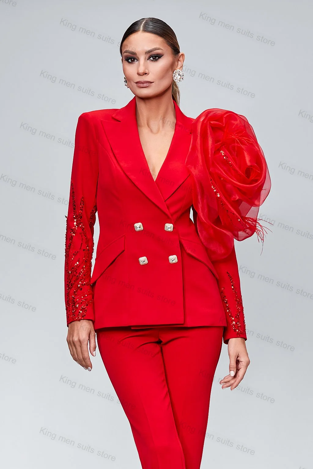 Red Prom Women Suits Pants Set Wedding 2 pezzi Blazer + pantaloni Luxury 3D Flower Beaded Prom Tuxedo cappotto giacca di dimensioni personalizzate