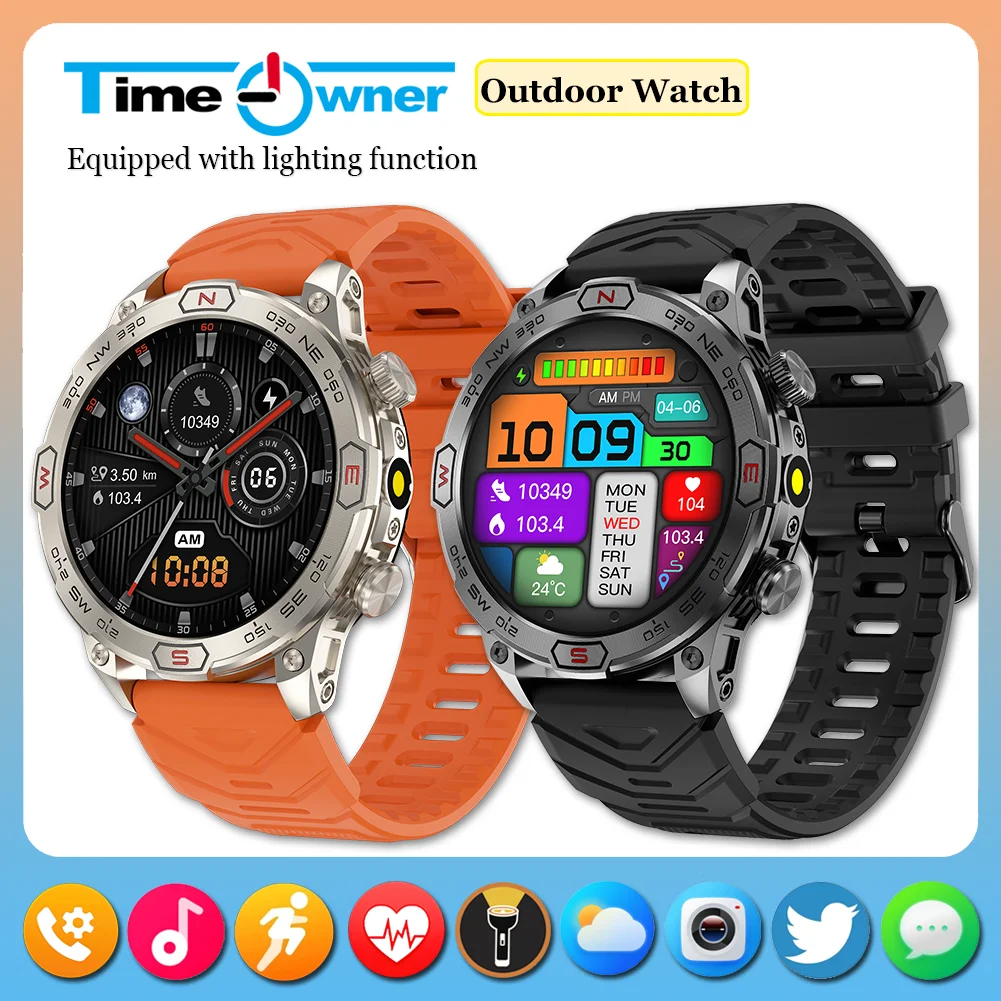 Time Owner 2024 Smart watch: Full-Touchscreen Men's Outdoor Sports & Fitness Watch with Flashlight & Bluetooth Calling