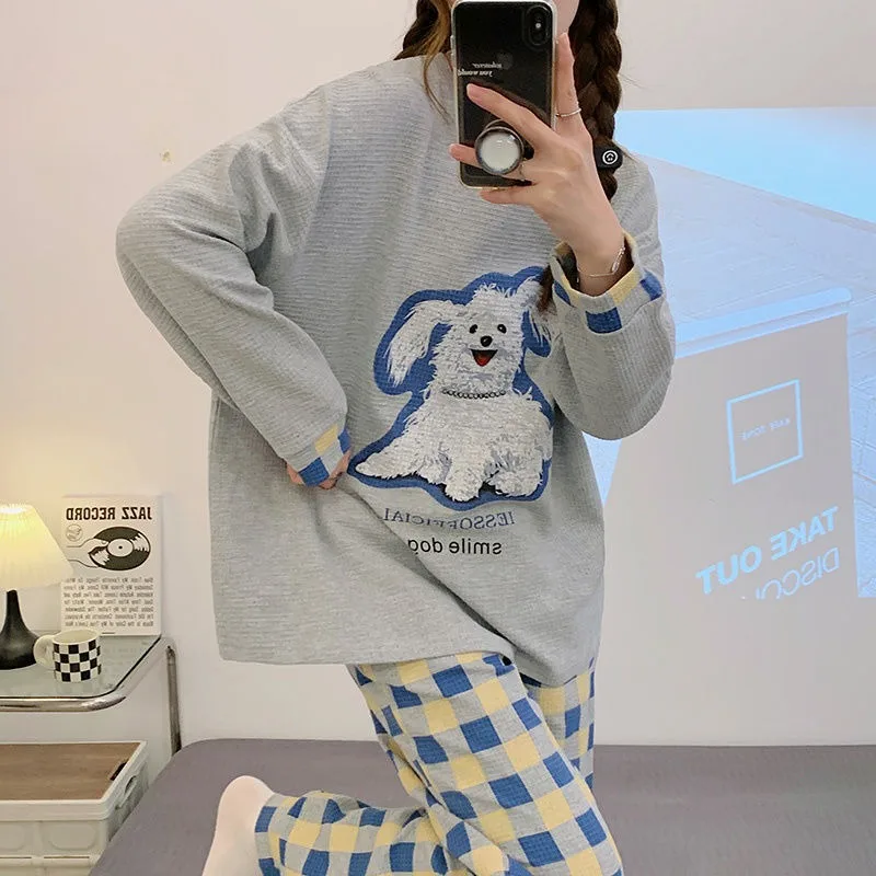 Women Pajamas Spring Female Long Sleeve Korean Style Cartoon Bear Waffle Cotton Homewear Suit Loose Casual Sleepwear Set 2024