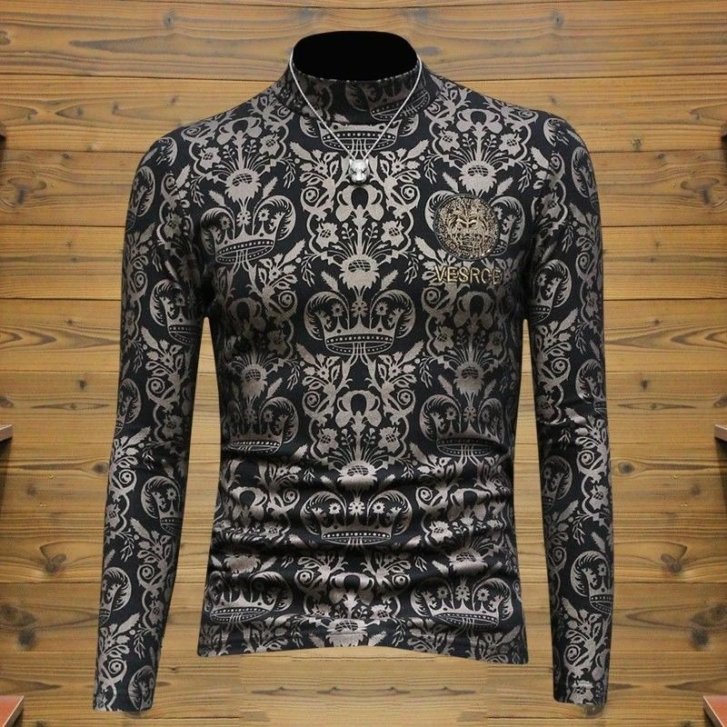 

New trendy brand long-sleeved t-shirt men's inner shirt semi-turtleneck fashion pattern printed bottoming shirt men's