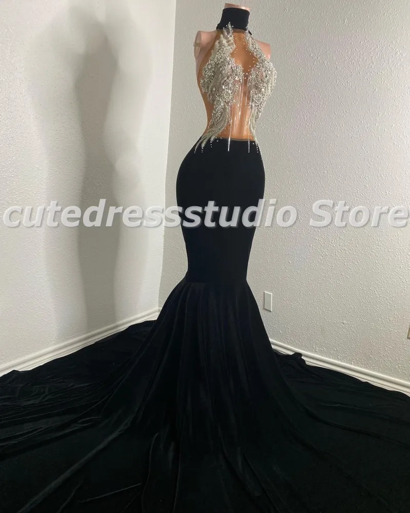 Sexy See Through Mermaid Prom Dresses 2024 Blackgirl Crystal Velvet Mermaid Party Gowns African Women Vestidos De Festa